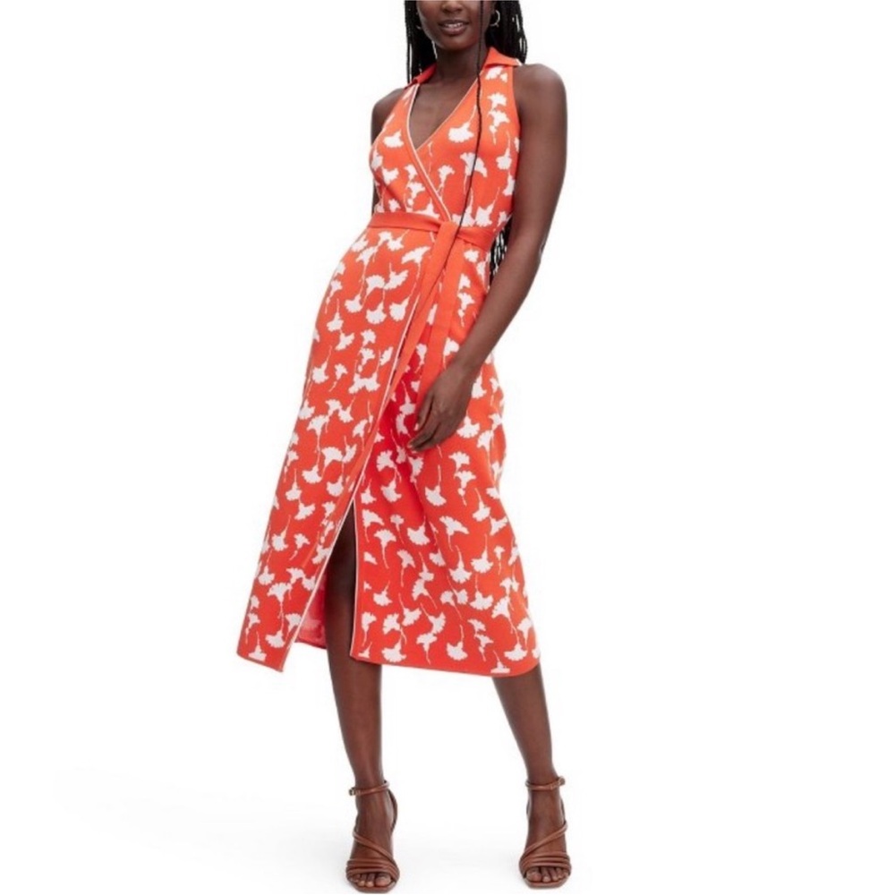 DVF Women's Collared Sleeveless Ginkgo Cherry Tomato Sweaterknit Midi Wrap Dress